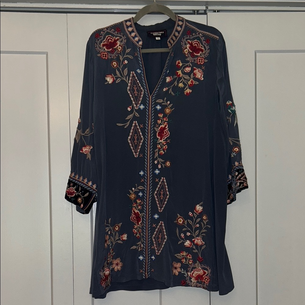Johnny Was Dark Blue Embroidered Floral Top